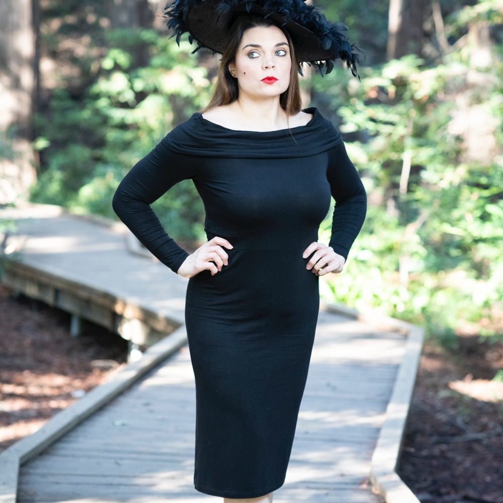 Off the shoulder dress in black.